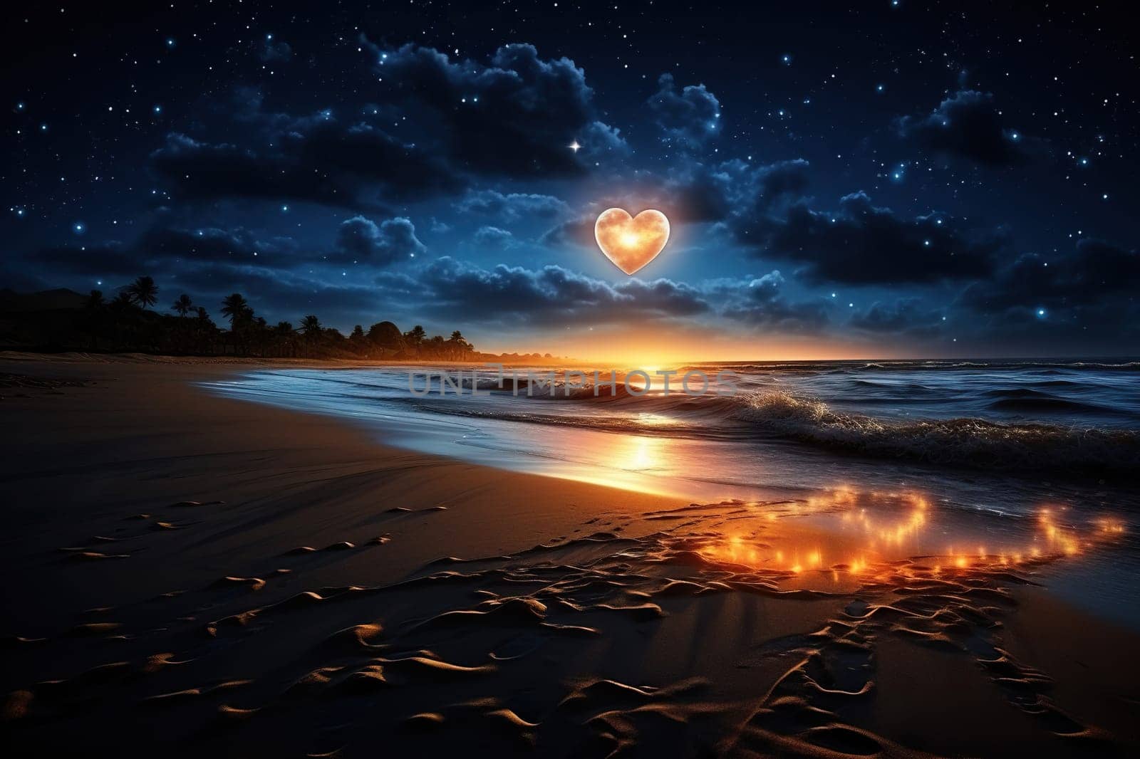 Night seascape with a glowing heart in the cloudy sky. Romantic composition.