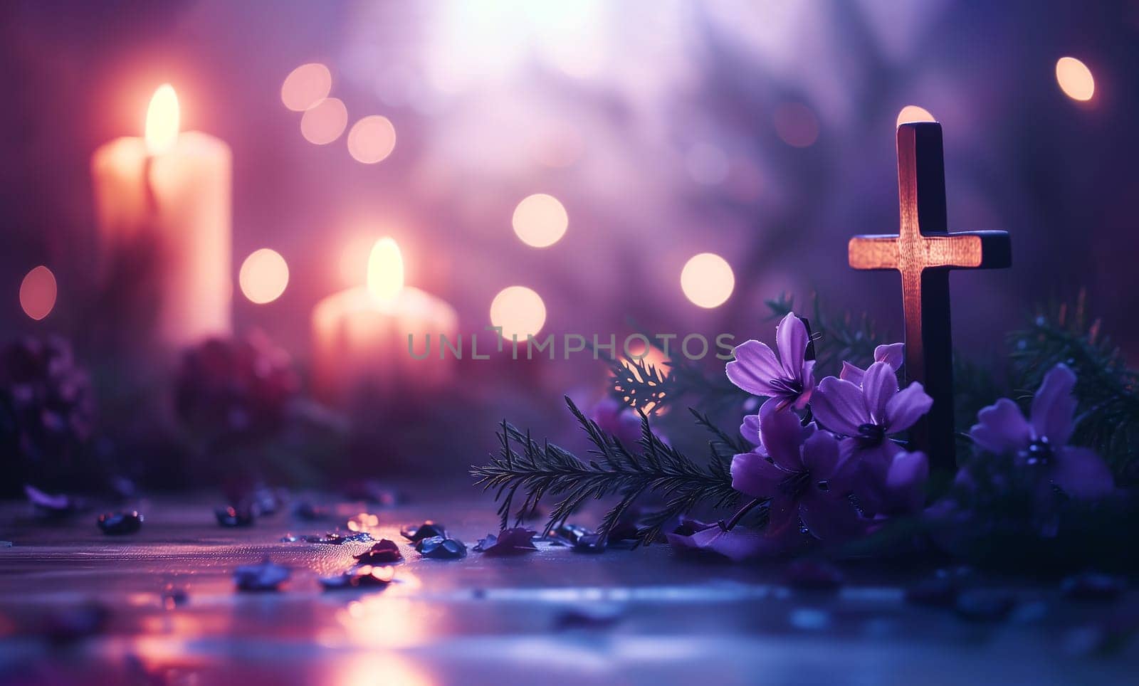 Blurred Background for Ash Wednesday, The first day of Lent. Greeting Postal Card. Wooden Cross, Light, Candles, Flowers, Purple Colors Faith and Jesus . AI Generated. Horizontal Space For Text by netatsi