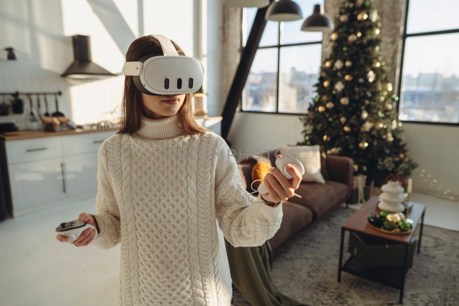 The girl, adorned in a VR headset, is narrating her virtual experiences. High quality photo