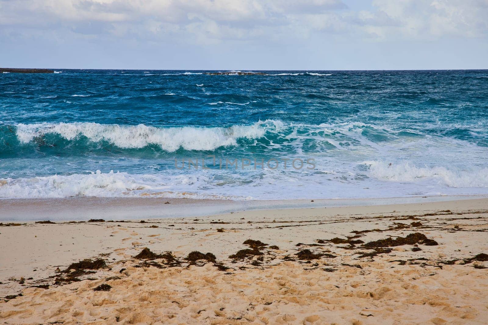 Serene beach scene on Paradise Island, Bahamas, showcasing the untouched beauty of the sandy shoreline and the tranquil Caribbean ocean.