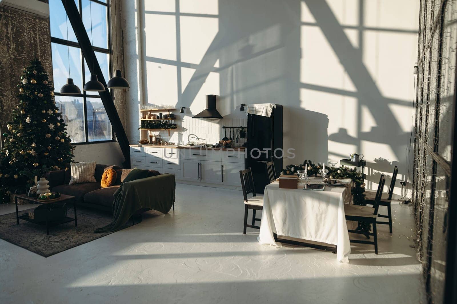 Sunlit winter morning in a Christmas apartment. High quality photo