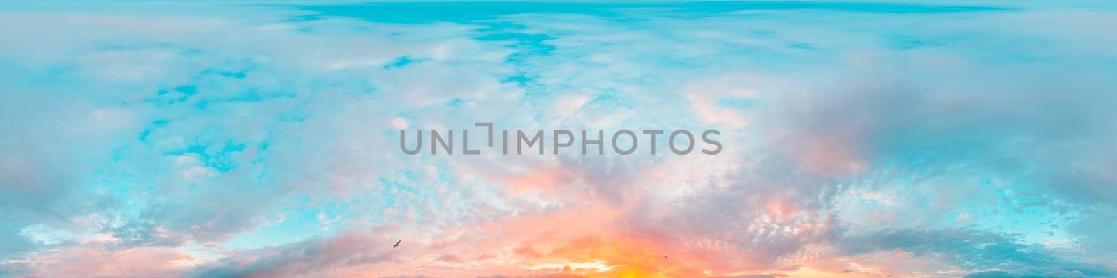 Bright sunset sky panorama with Cirrus clouds. Seamless hdr spherical equirectangular 360 panorama. Sky dome or zenith for 3D visualization, game and sky replacement for aerial drone 360 panoramas.