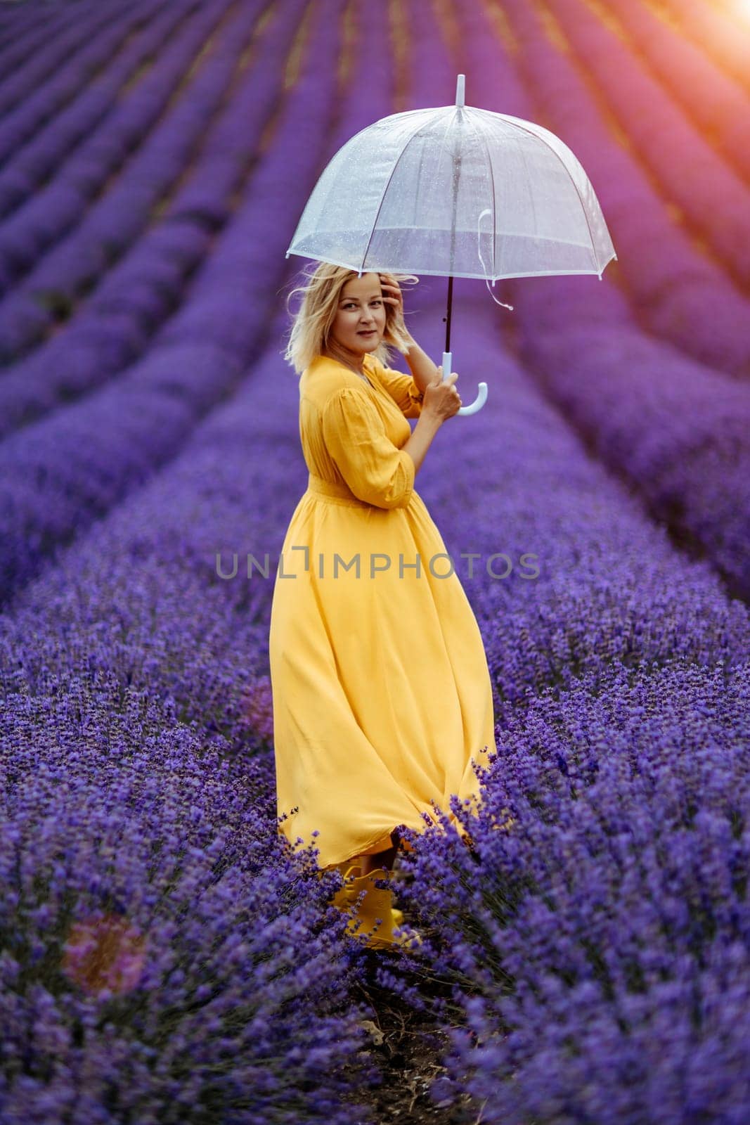 Woman lavender field. A middle-aged woman in a lavender field walks under an umbrella on a rainy day and enjoys aromatherapy. Aromatherapy concept, lavender oil, photo session in lavender.