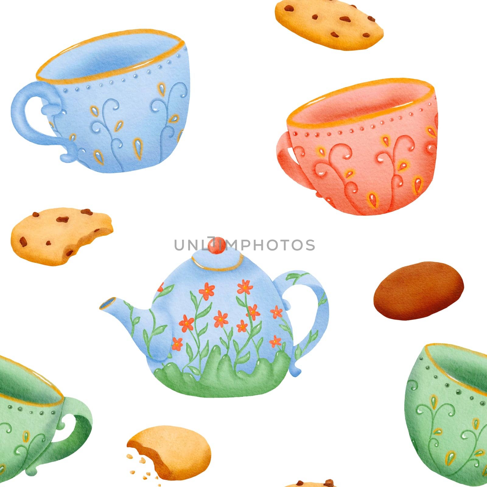 Seamless pattern of cookies, teapot and cup with ornament, Isolated hand drawn digital watercolor illustration isolated on white. English tea, health drink, coffee. background.