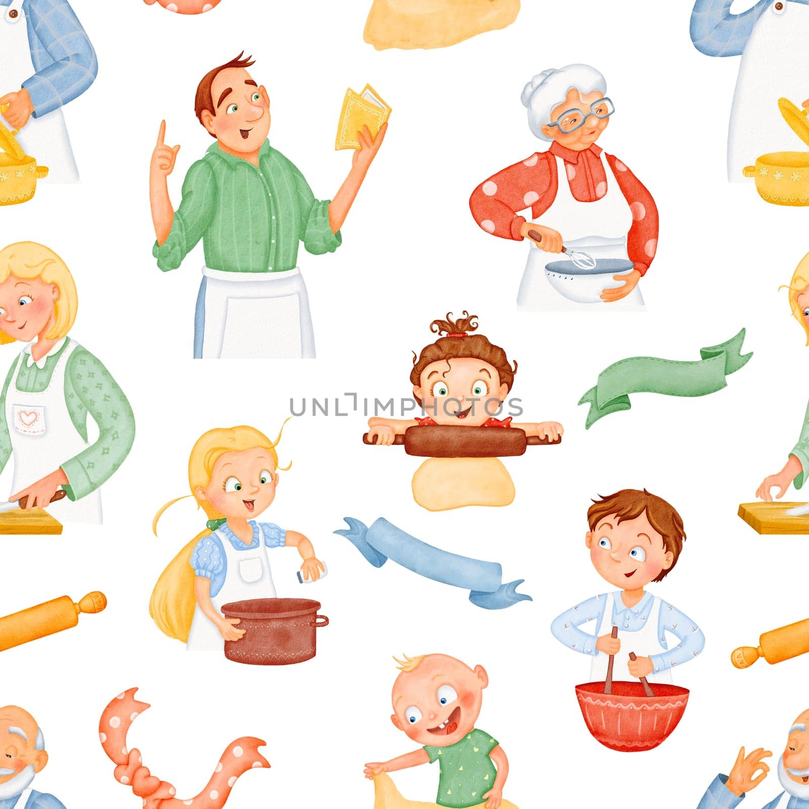 Friendly family. Seamless pattern. Adult children cook lunch with their parents. Watercolor isolated illustrations. men, women, grandmother, grandfather. background.
