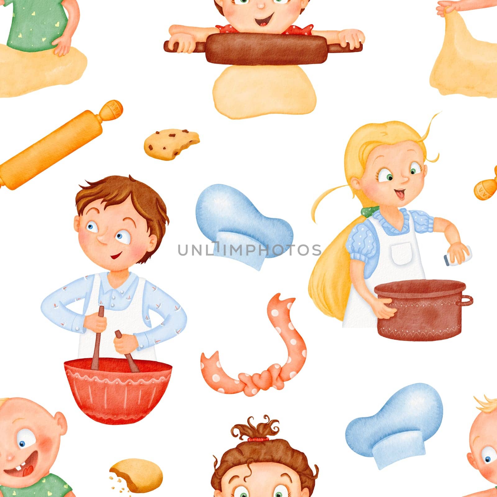 Seamless pattern. Happy funny cute kids are cooking lunch. The little helpers are making dinner. A friendly cozy family. children in the kitchen. Watercolor background Joyful characters.