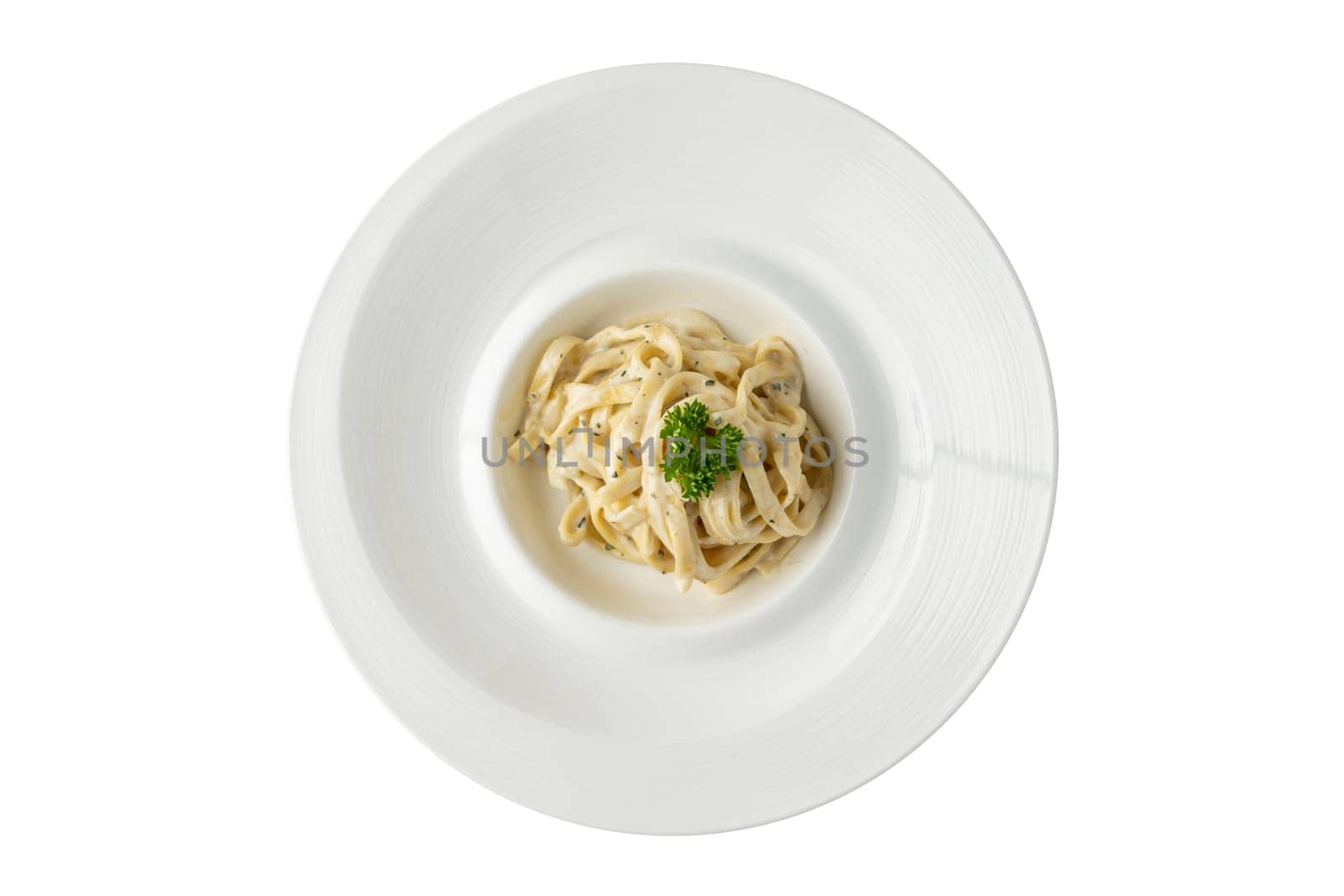 Freshly made fettucini alfredo on a white porcelain plate by Sonat