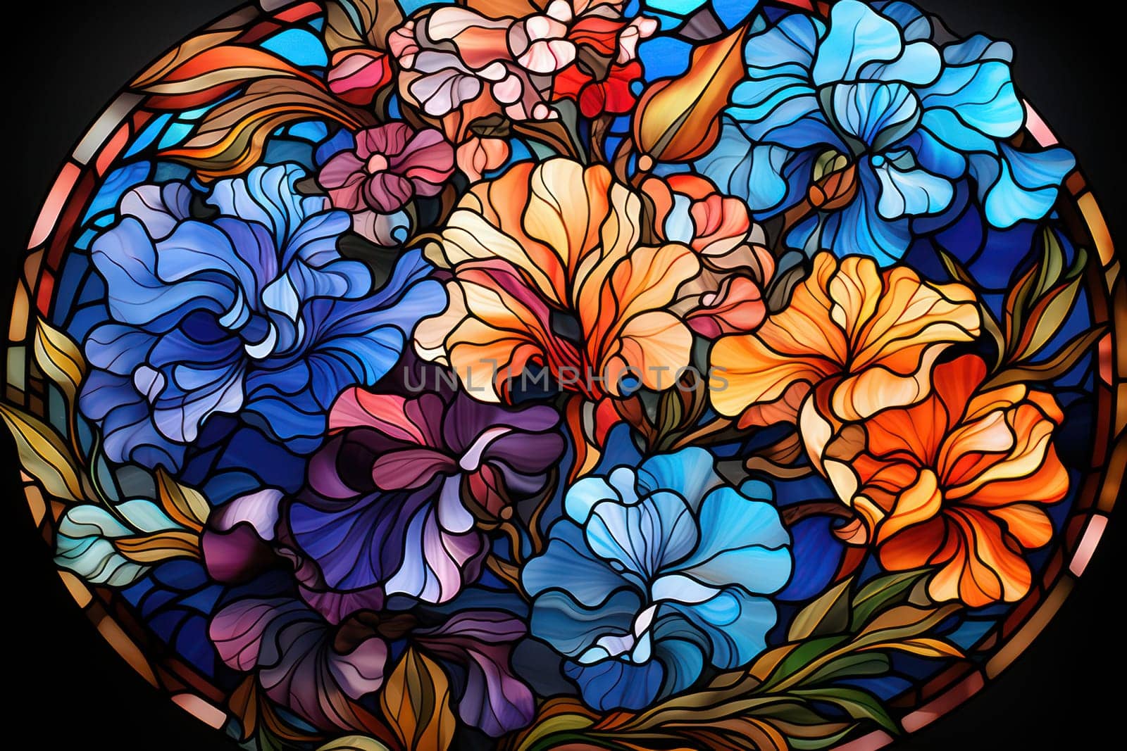 Delicate Floral Nature: A Beautiful Vintage Abstraction of Blooming Flowers on a Blue Glass Stained Glass Window by Vichizh