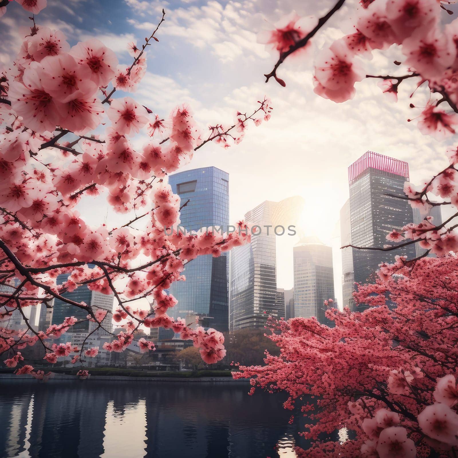 Blooming pink sakura cherry trees against backdrop modern large modern city metropolis. Romance love tenderness. Abstract natural spring background light rosy dark flowers close up. Colorful artistic image soft focus and beautiful bokeh summer spring