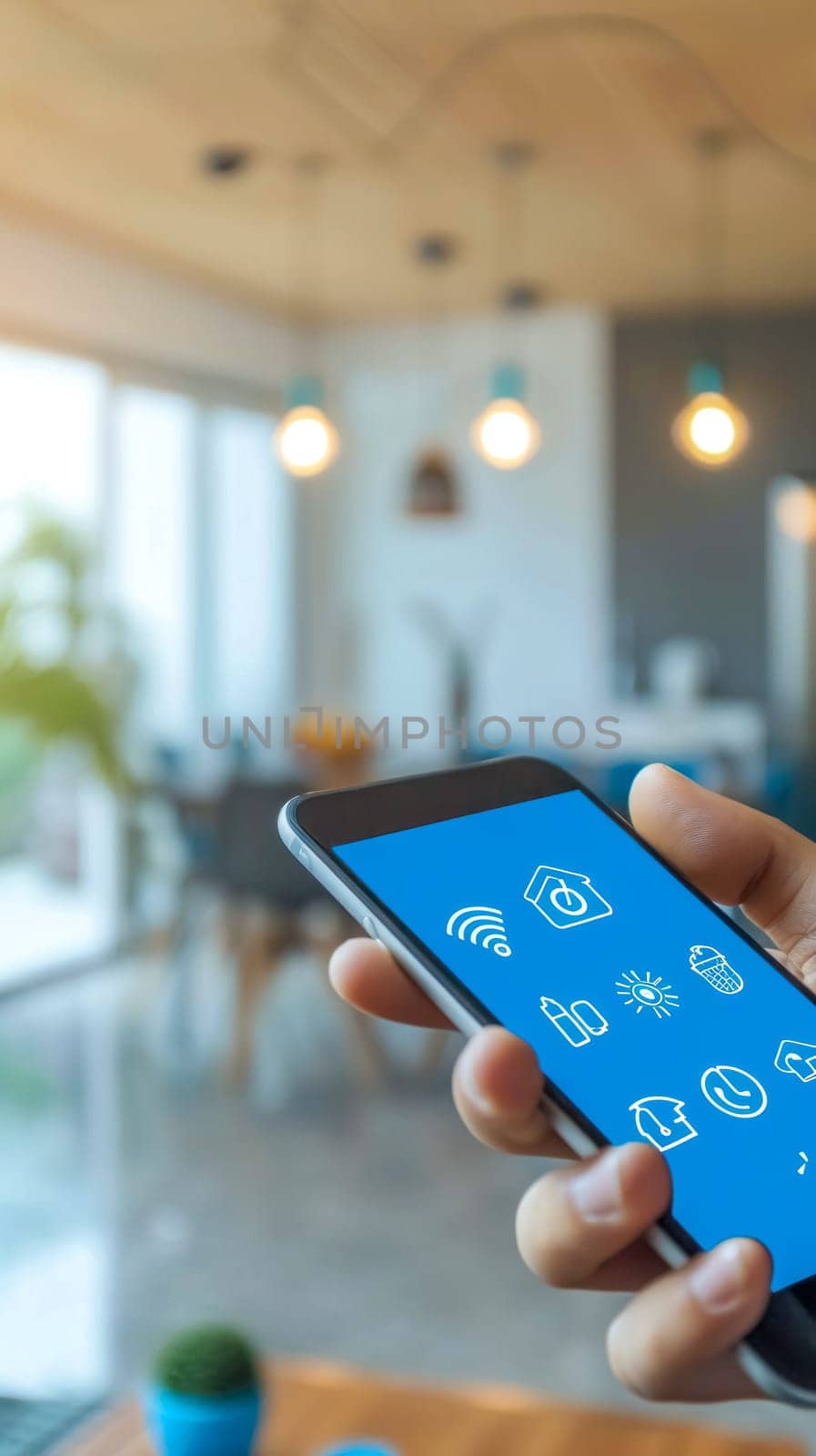 person holding a smartphone with smart home control icons on the screen, with a blurred modern home interior in the background. vertical