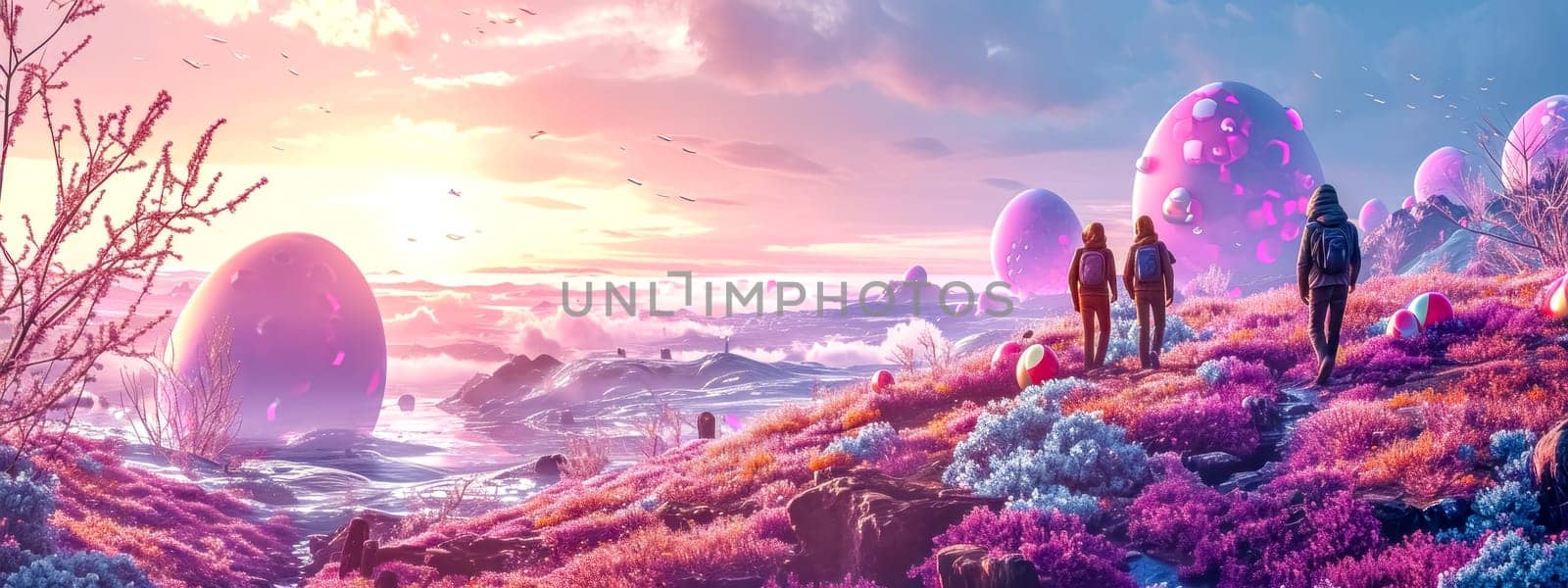 surreal and vibrant scene with explorers wandering through a fantastical landscape adorned with large, translucent Easter eggs, set against a dreamy pink sky, banner with copy space