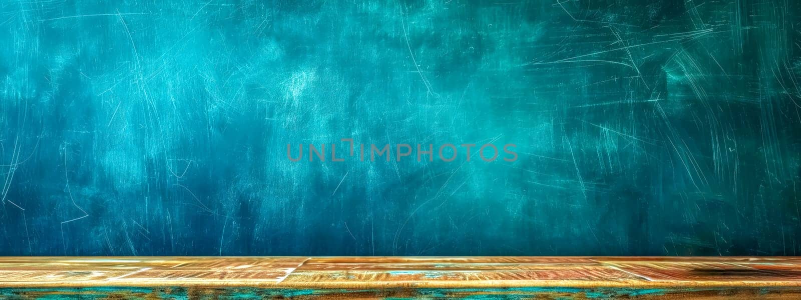 wide, textured teal chalkboard with scratches and marks of use, with a worn wooden ledge at the bottom, suitable for educational or coaching themes, banner with copy space