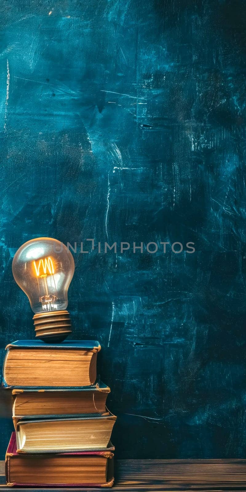 concept of inspiration and knowledge, featuring a glowing light bulb atop a stack of old books against a textured teal backdrop. vertical, copy space