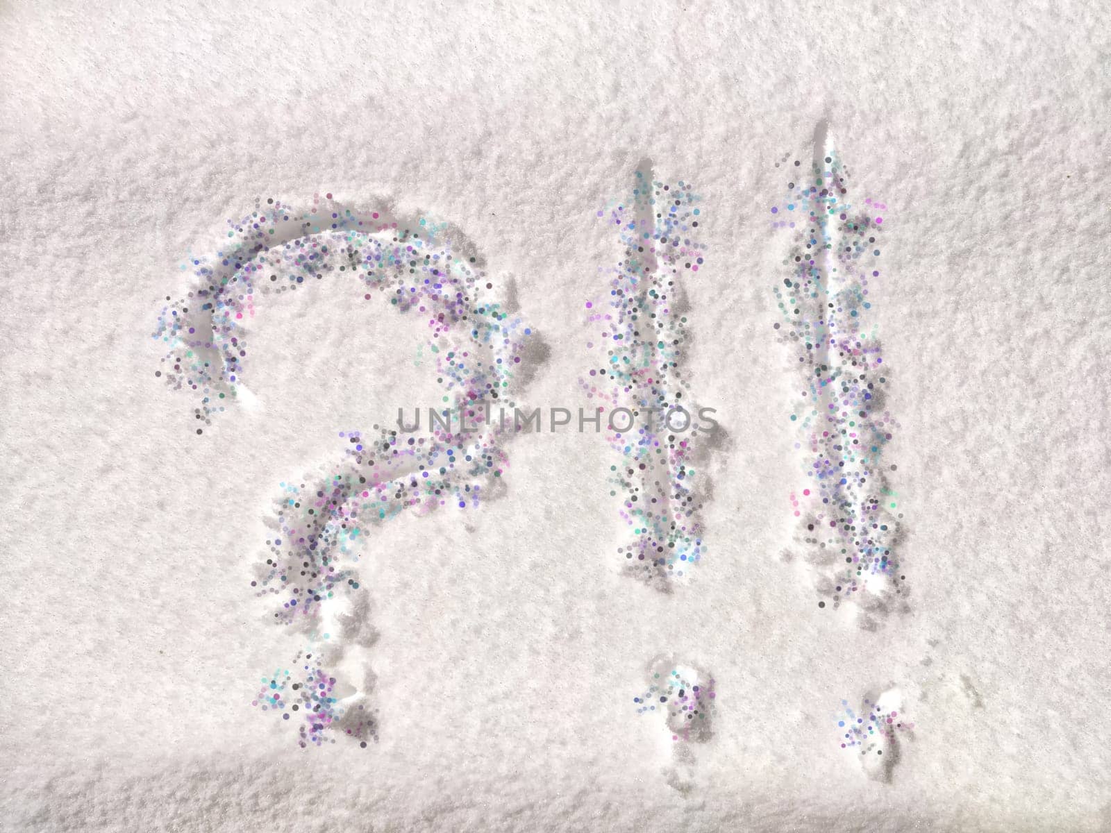 Question mark written on snow with sequins or confetti. The concept of Uncertainty of choice, expectations, and decisions. Fate in the New Year