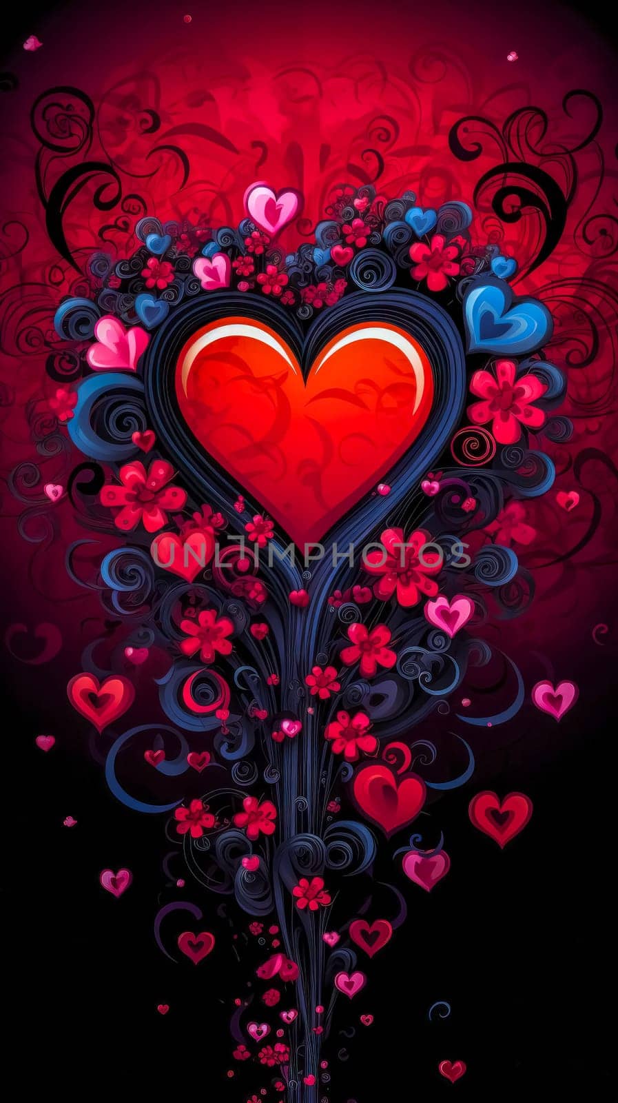 vivid artistic display featuring a central red heart surrounded by an array of smaller hearts and floral designs in shades of pink and blue, set against a dark backdrop. vertical
