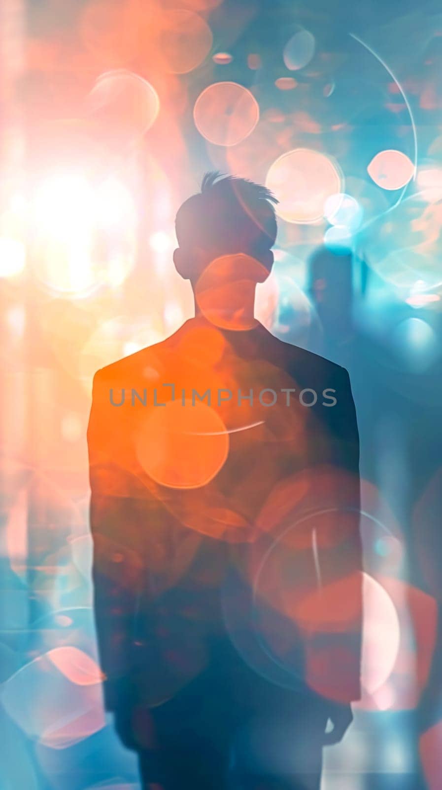 silhouette of a person set against a backdrop of radiant, multicolored bokeh lights, creating an abstract and inspirational mood with a focus on leadership and forward-thinking, vertical