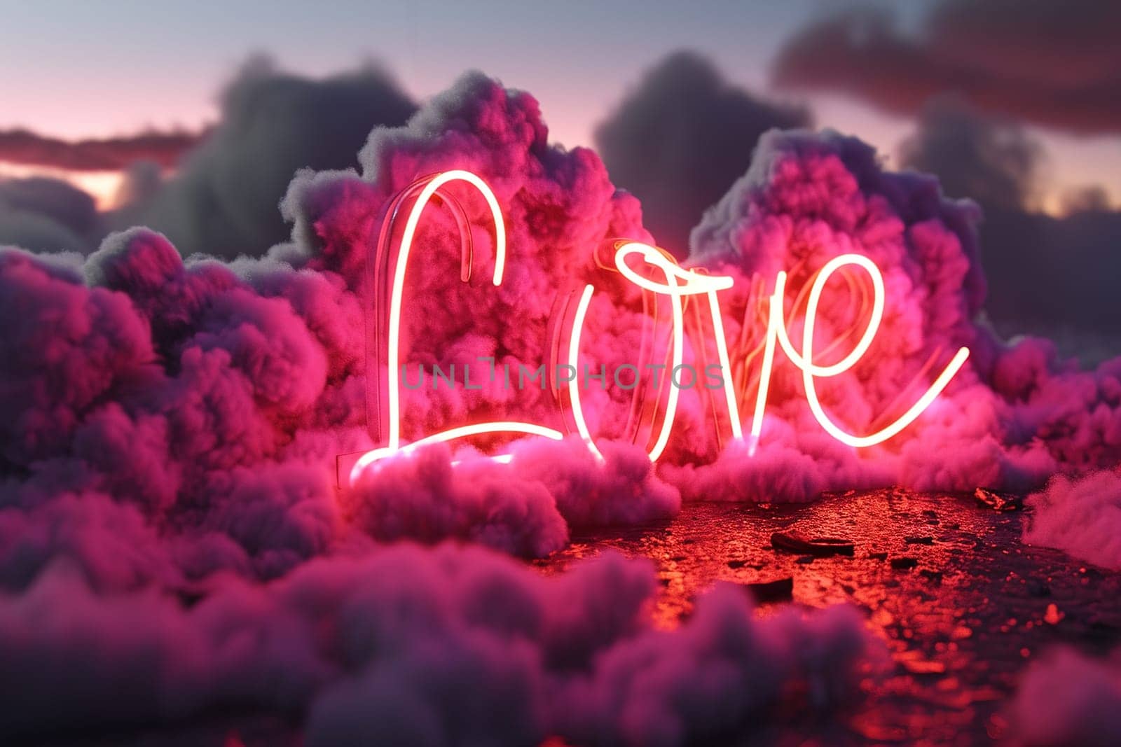 Neon word 'Love' with fluffy clouds, glowing intensely against a dusk sky, creating a surreal and romantic atmosphere that's perfect for evocative and dreamy themes in art and design. Generative AI. by creativebird