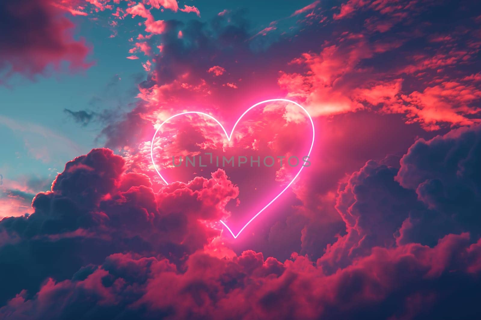 Radiant neon heart shines in the sky amidst dramatic backdrop of crimson and cobalt clouds, evoking sense of dreamy wonder and infinite love, ideal for designs about passion, dreams. Generative AI