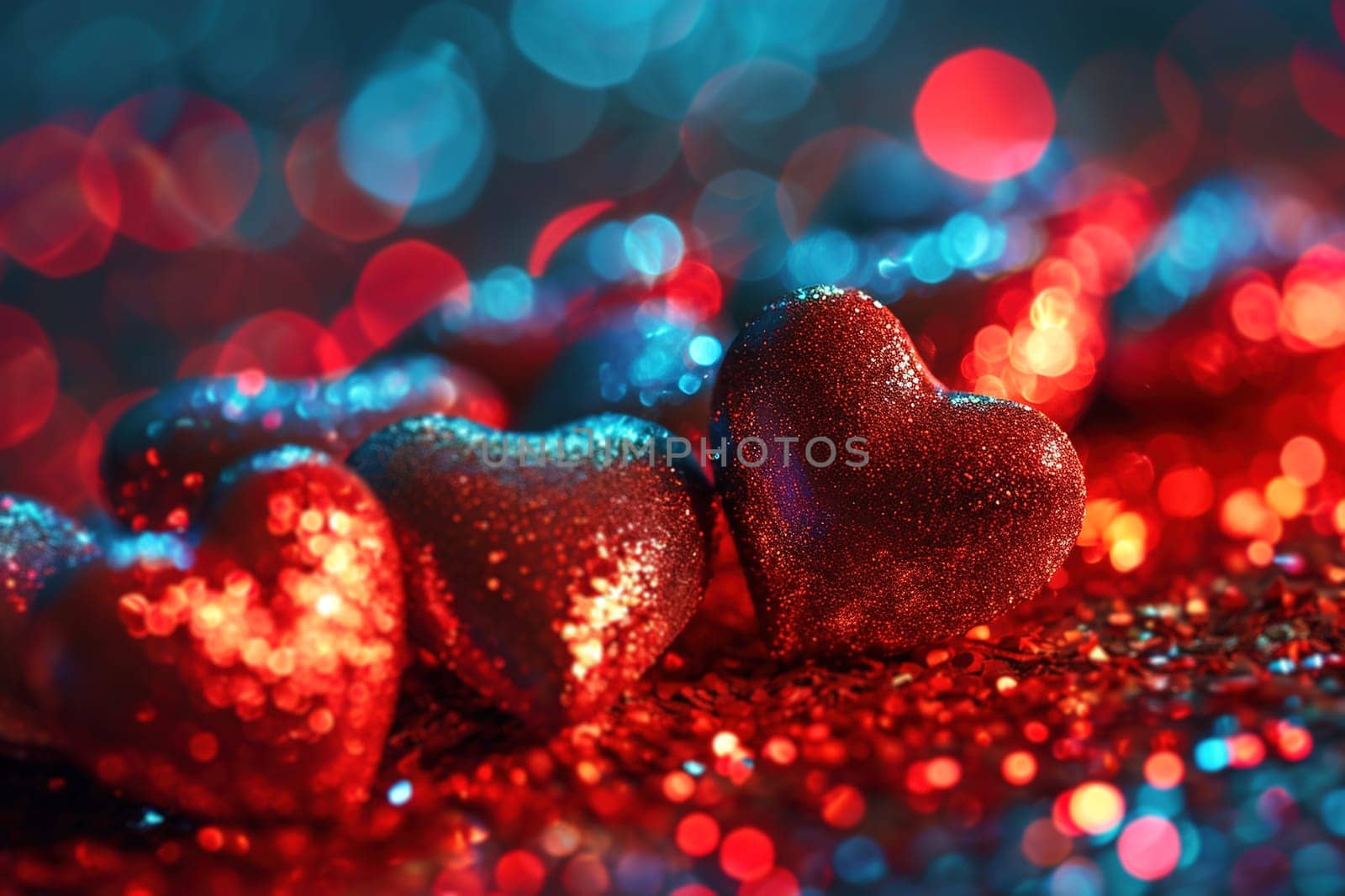Sparkling red hearts with glitter, on warm, bokeh backdrop, perfect for expressing love and affection during Valentine's celebrations, anniversaries, or special romantic moments. Generative AI