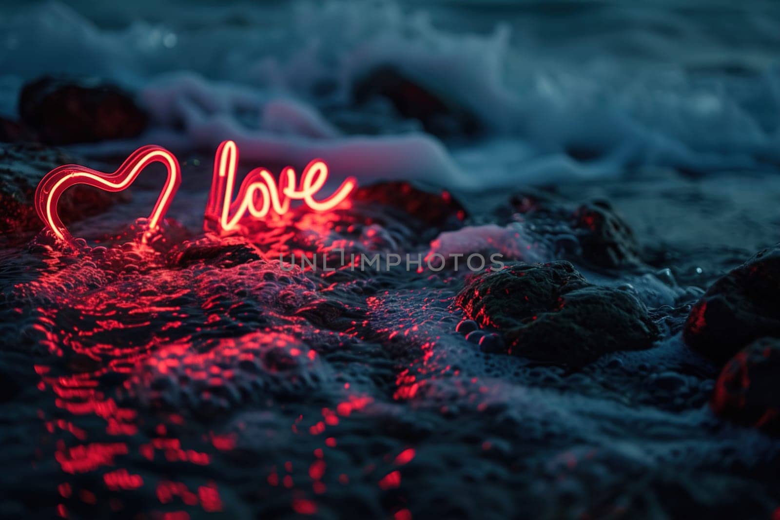 Glowing neon heart and word 'love' on rocky shore with soft foam of sea waves in the background, illuminated in a captivating red hue that conjures a mood of romantic seaside evenings. Generative AI. by creativebird
