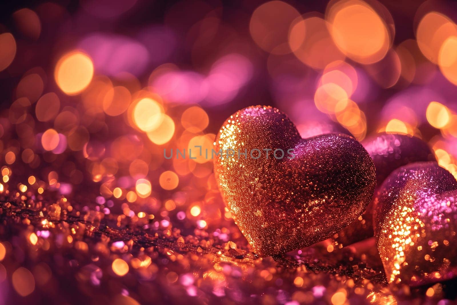 Hearts in sparkling glitter, radiating with magical glow against bokeh light background, symbolizing love, passion, celebration, ideal for Valentine's Day, engagements, romantic events. Generative AI. by creativebird
