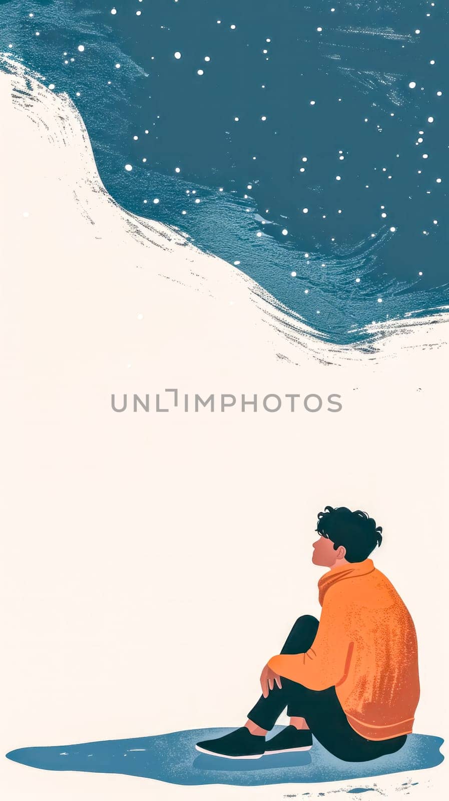 individual sitting and gazing contemplatively at a starry sky, illustrated in a minimalist style with a stark contrast between the vast, dark cosmos and the solitary human figure by Edophoto