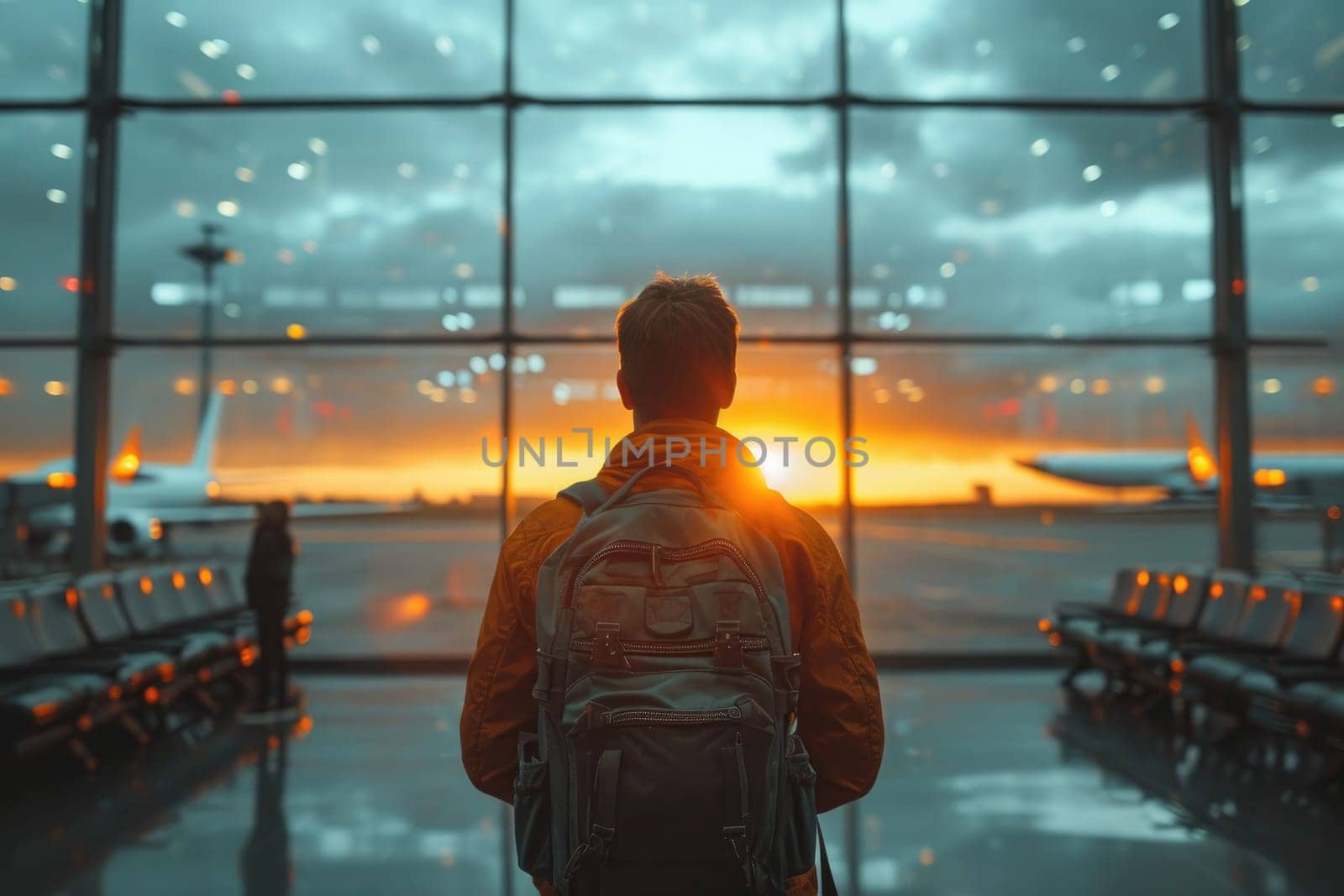 Traveler with backpack at the modern airport terminal. Generative AI.