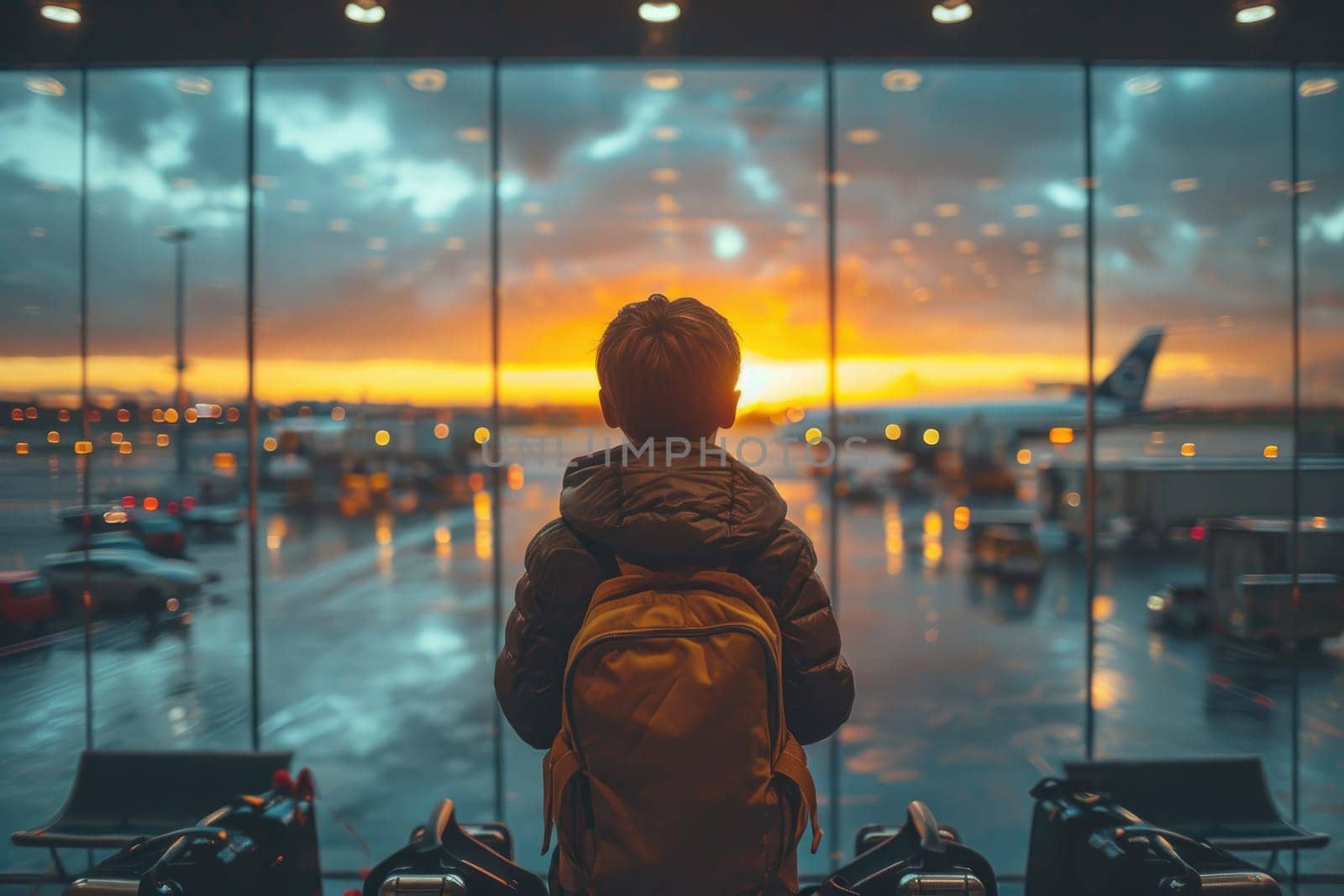 Traveler with backpack at the modern airport terminal. Generative AI by itchaznong