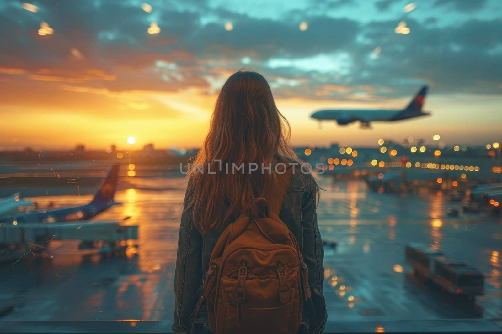 Traveler with backpack at the modern airport terminal. Generative AI.