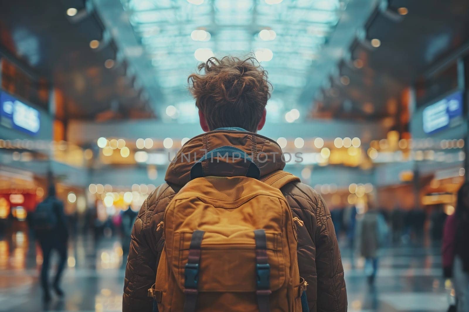 Traveler with backpack at the modern airport terminal. Generative AI by itchaznong