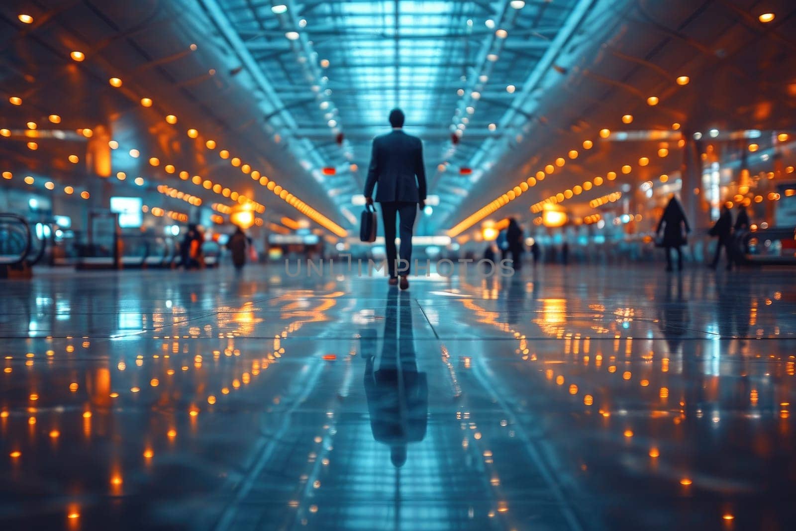 Traveler with backpack at the modern airport terminal. Generative AI.