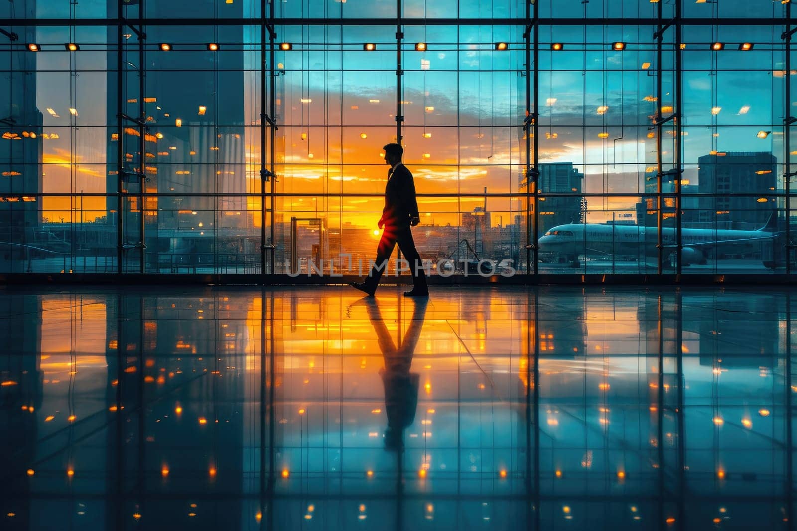 Traveler with backpack at the modern airport terminal. Generative AI.