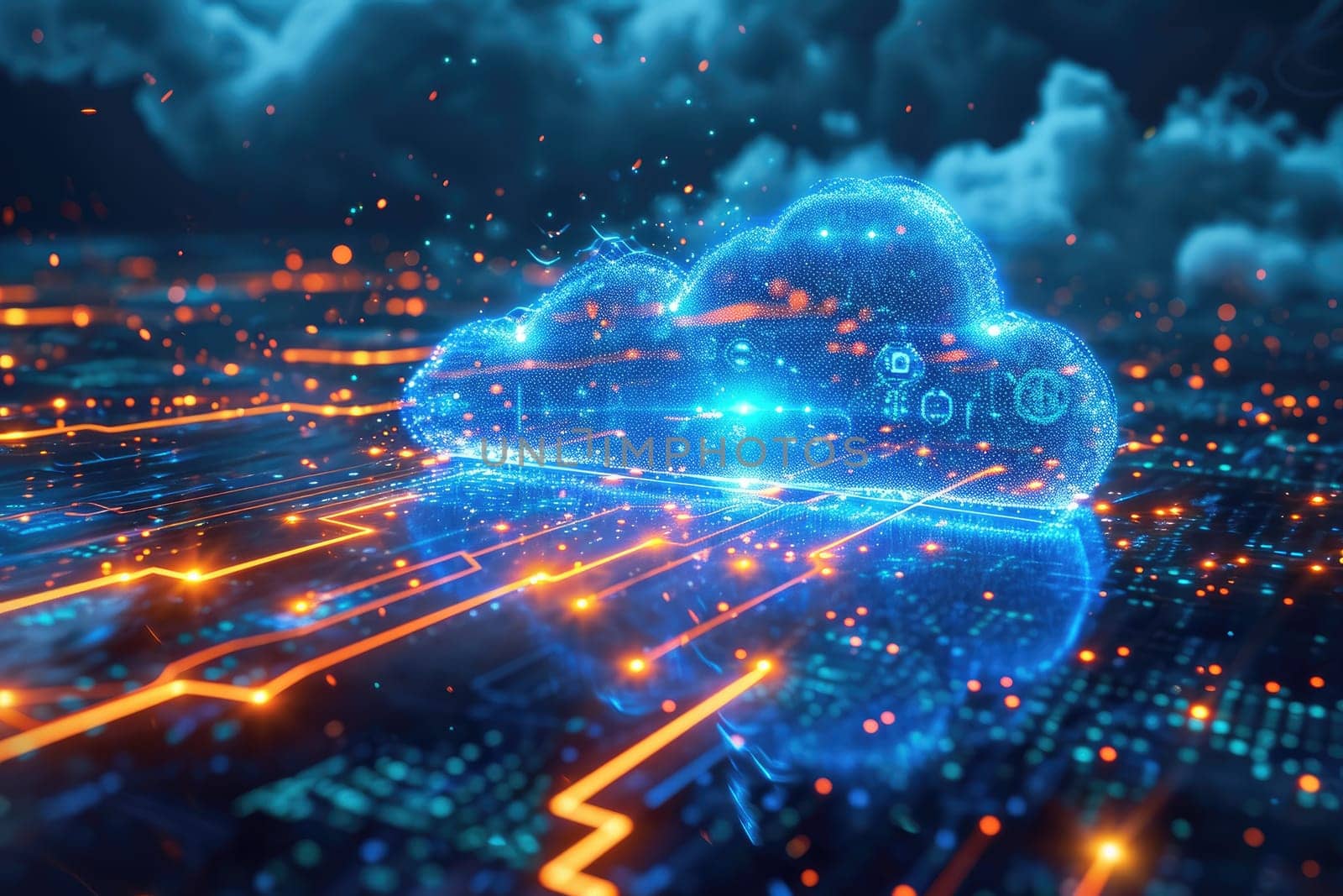 Big data transfer on Cloud internet network. Futuristic technology background. Generative AI by itchaznong