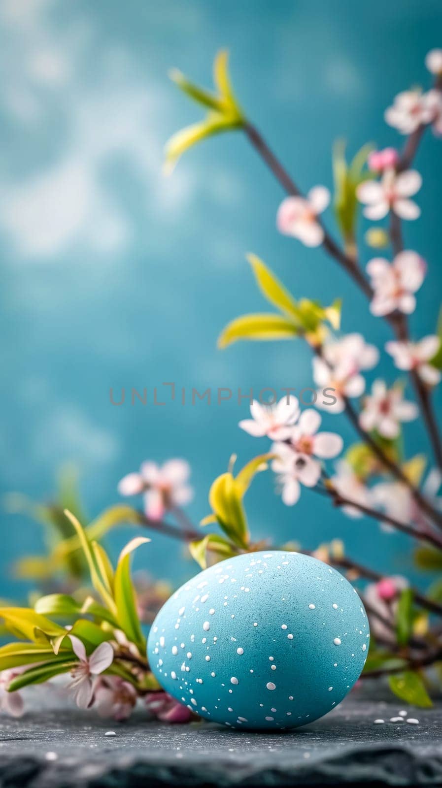 Easter egg in a shade of sky blue with delicate white speckles, set against a soft focus backdrop of spring blossoms, conveying a sense of freshness and the joy of the Easter season, vertical