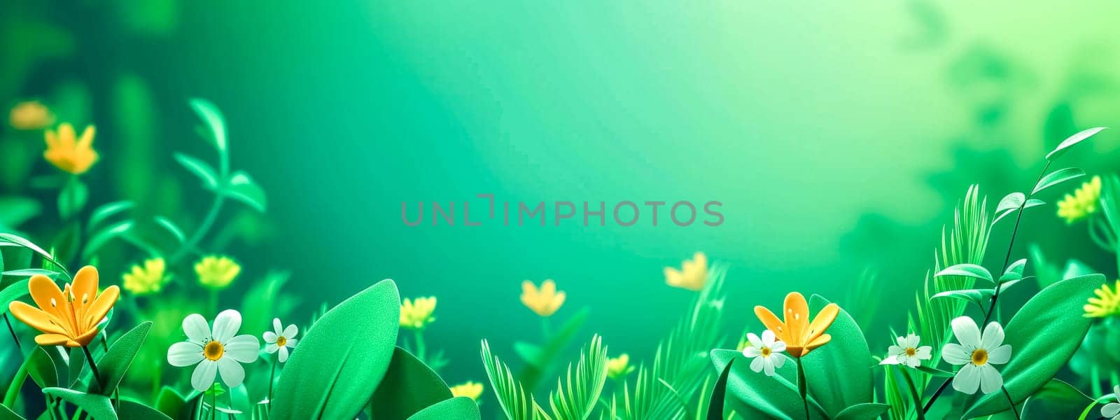 vibrant and lively depiction of spring with a gradient of green hues, showcasing stylized flowers in bloom, which symbolize growth and the rejuvenation of nature, banner with copy space