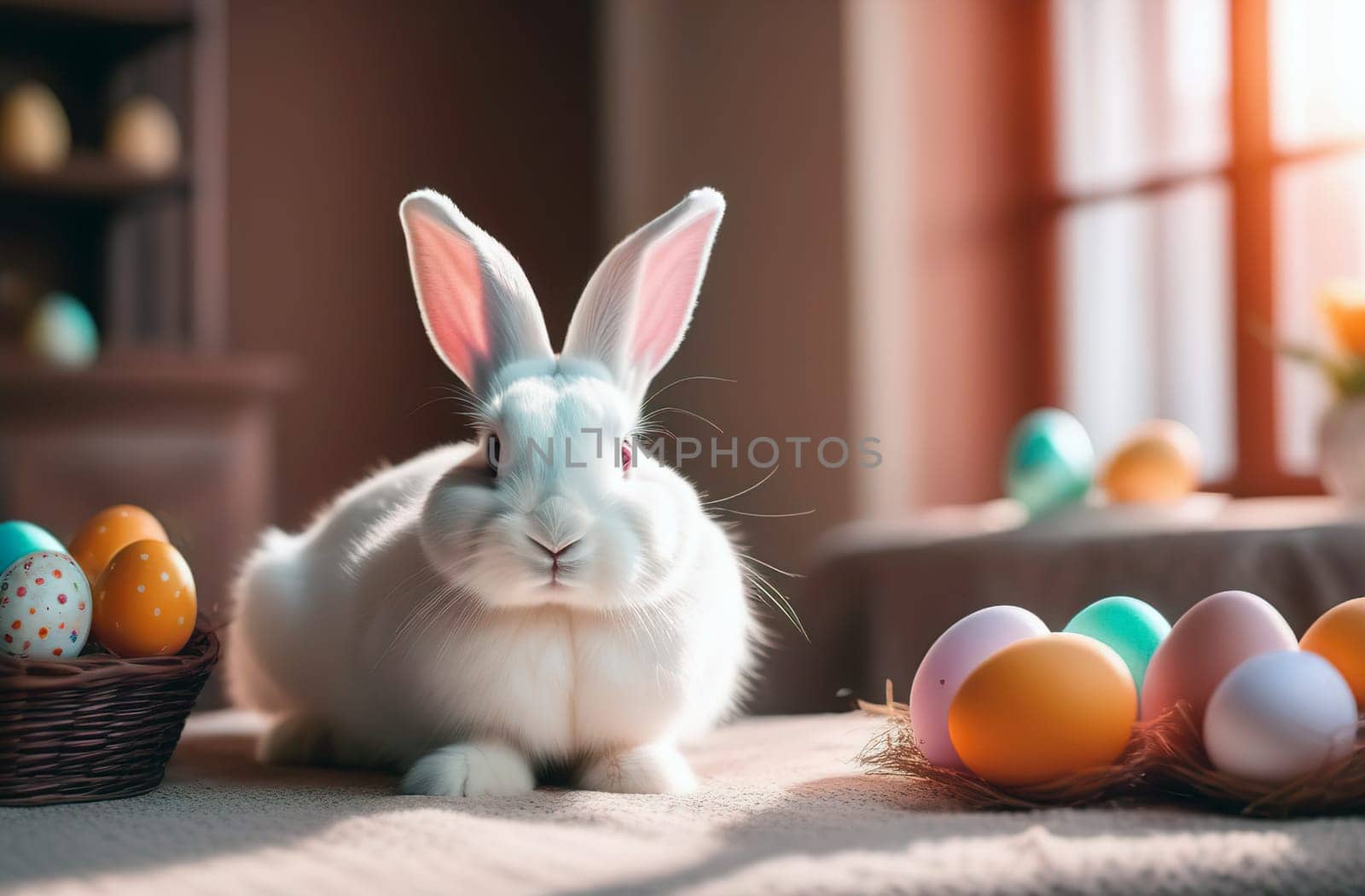 Easter - cute fluffy white bunny sitting on the kitchen table, next to decorated eggs by Proxima13