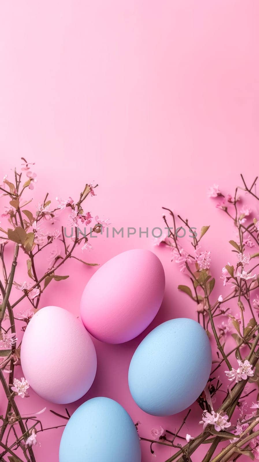 Easter composition with pastel-colored eggs amid gentle pink blossoms on a pink background, evoking a sense of springtime joy and renewal. vertical banner with copy space