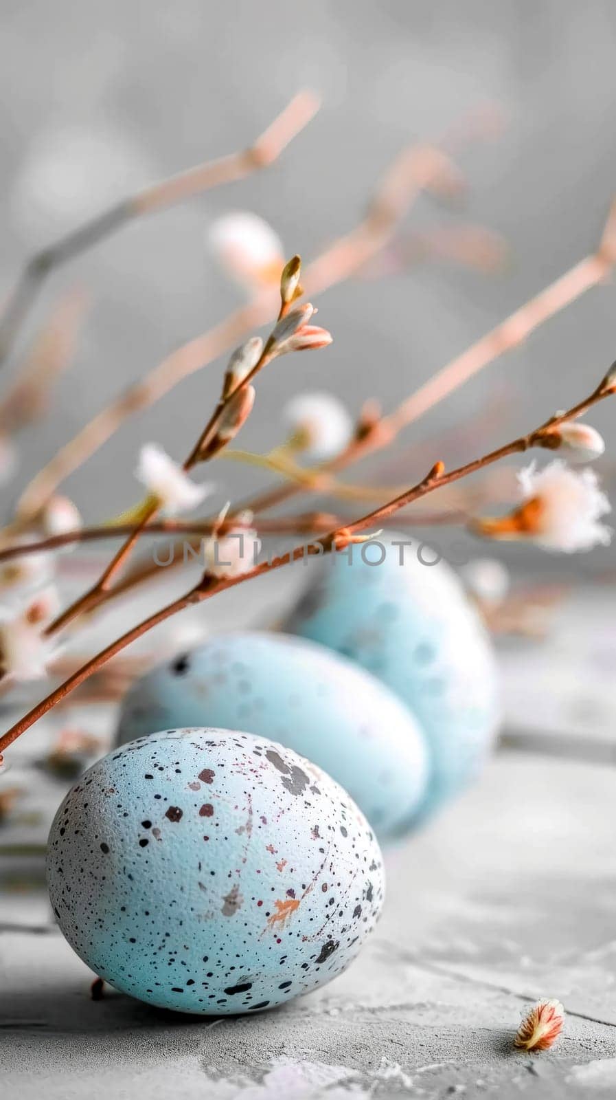 elegant Easter setting with speckled eggs in shades of blue, nestled among delicate spring blossoms, all set against a soft, neutral background, creating a serene and festive atmosphere by Edophoto