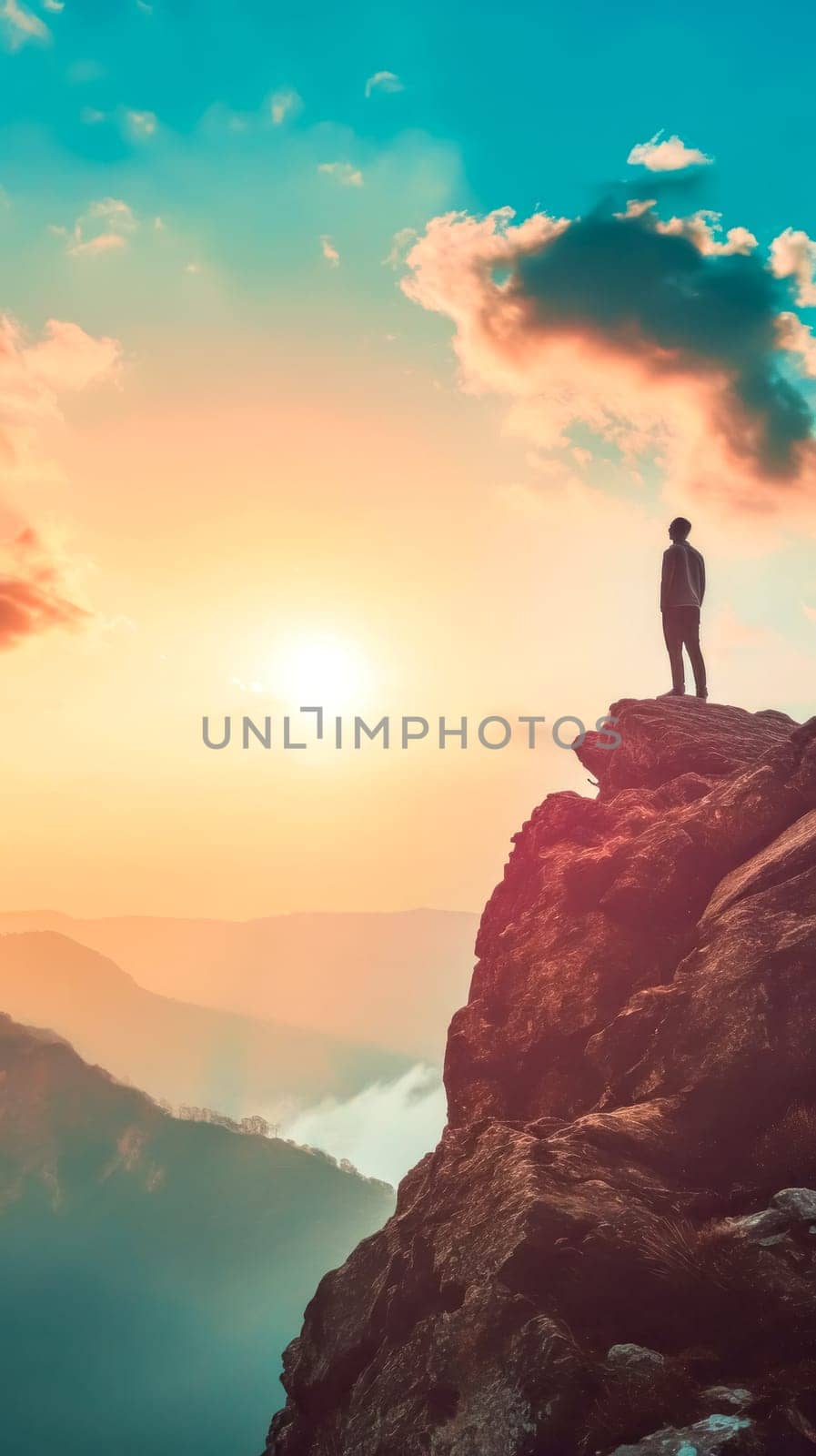 solitary figure standing atop a mountain, gazing into the horizon where the sun meets a dramatic sky, symbolizing accomplishment, reflection, and the vastness of possibilities. vertical