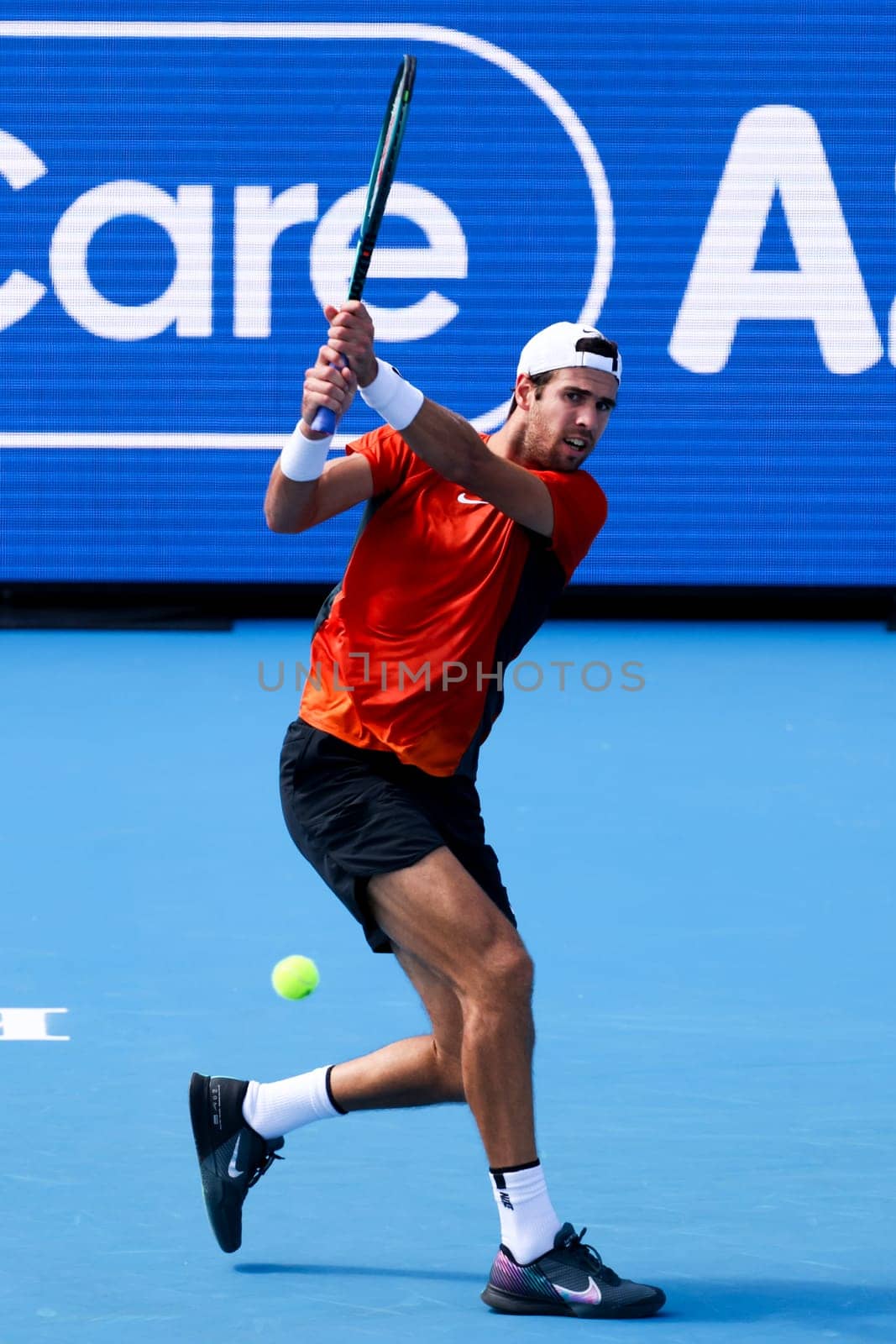 MELBOURNE, AUSTRALIA - JANUARY 11: Karen Khachanov of Russia plays against Holger Rune of Denmark during day one of the 2024 Kooyong Classic at Kooyong on January 11, 2024 in Melbourne, Australia.