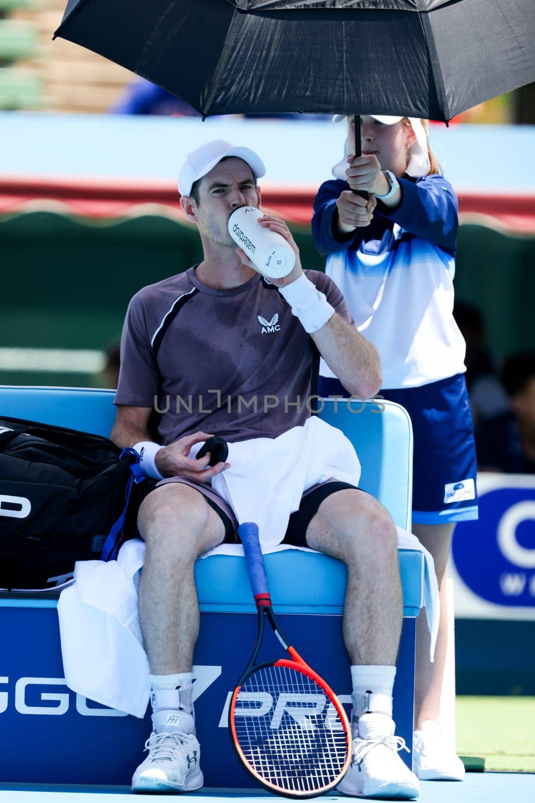 MELBOURNE, AUSTRALIA - JANUARY 11: Sir Andy Murray of Great Britian in action against Marin Cilic of Croatia during day one of the 2024 Kooyong Classic at Kooyong on January 11, 2024 in Melbourne, Australia.