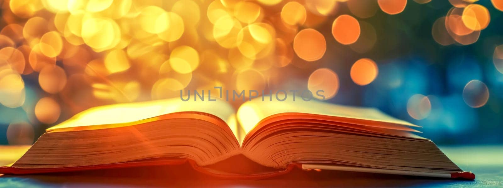 open book lying flat, with its pages spread out, set against a backdrop of warm, blurred lights, cozy and inviting atmosphere, suggesting a sense of warmth, comfort, and the pleasures of reading