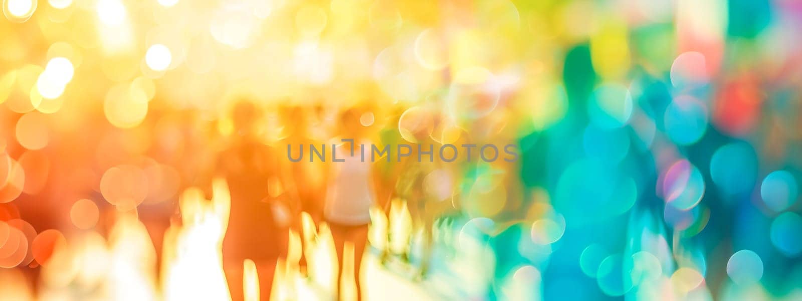 bokeh effect consisting of multicolored circles of light that create a sense of depth and movement, blurred shapes atmosphere of a crowd or gathering, possibly at an event, festival, or public space.