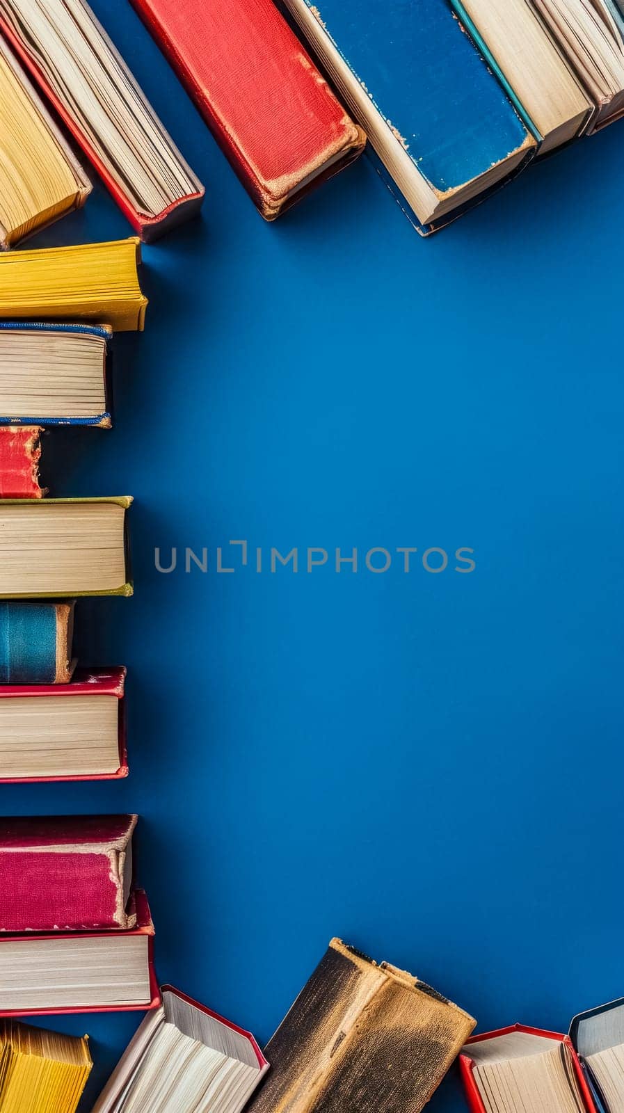 books with their spines facing out, forming a semi-circle against a vibrant blue background, suggesting a world of knowledge and the joy of reading by Edophoto