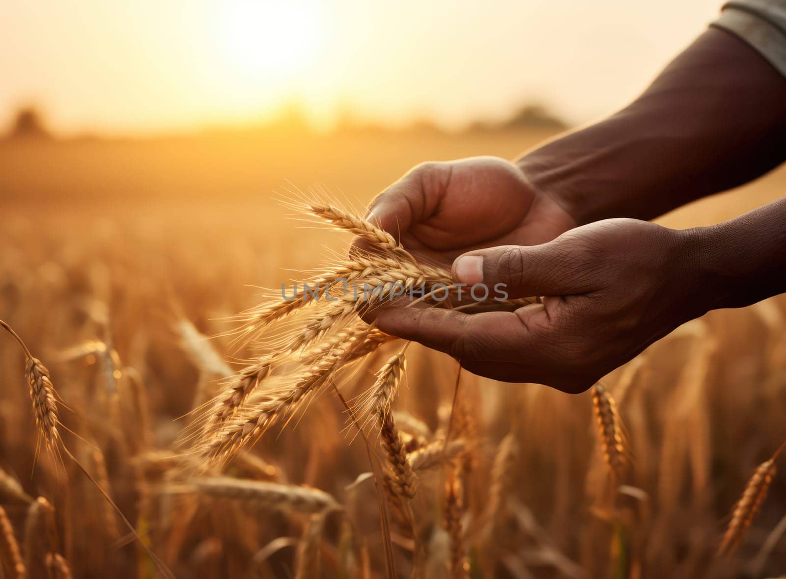 Golden Harvest: A Farmer's Hands Reaping Organic Rye in the Autumn Field under a Vibrant Sunset Sky