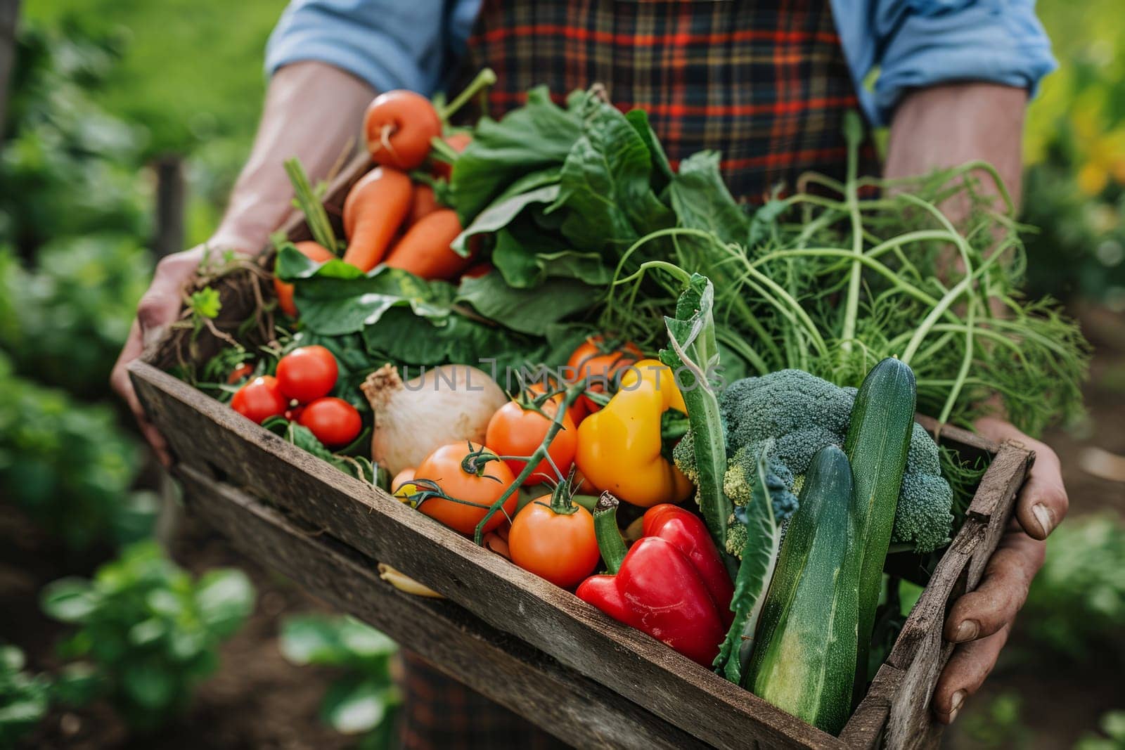 Farmer holding a box with all kinds of fresh vegetables, with on field background, harvest or organic food concept