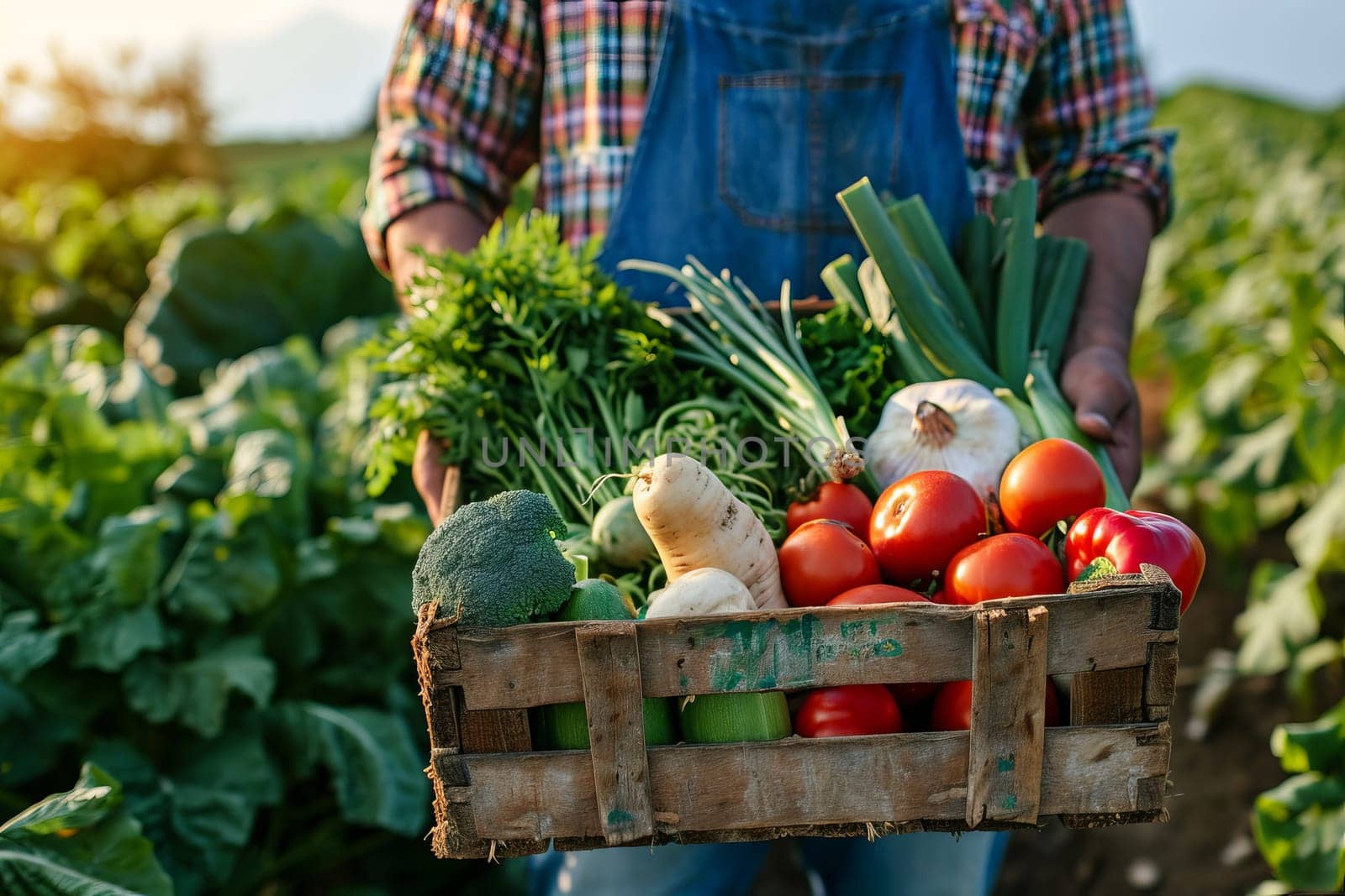 Farmer holding a box with all kinds of fresh vegetables, with on field background, harvest or organic food concept