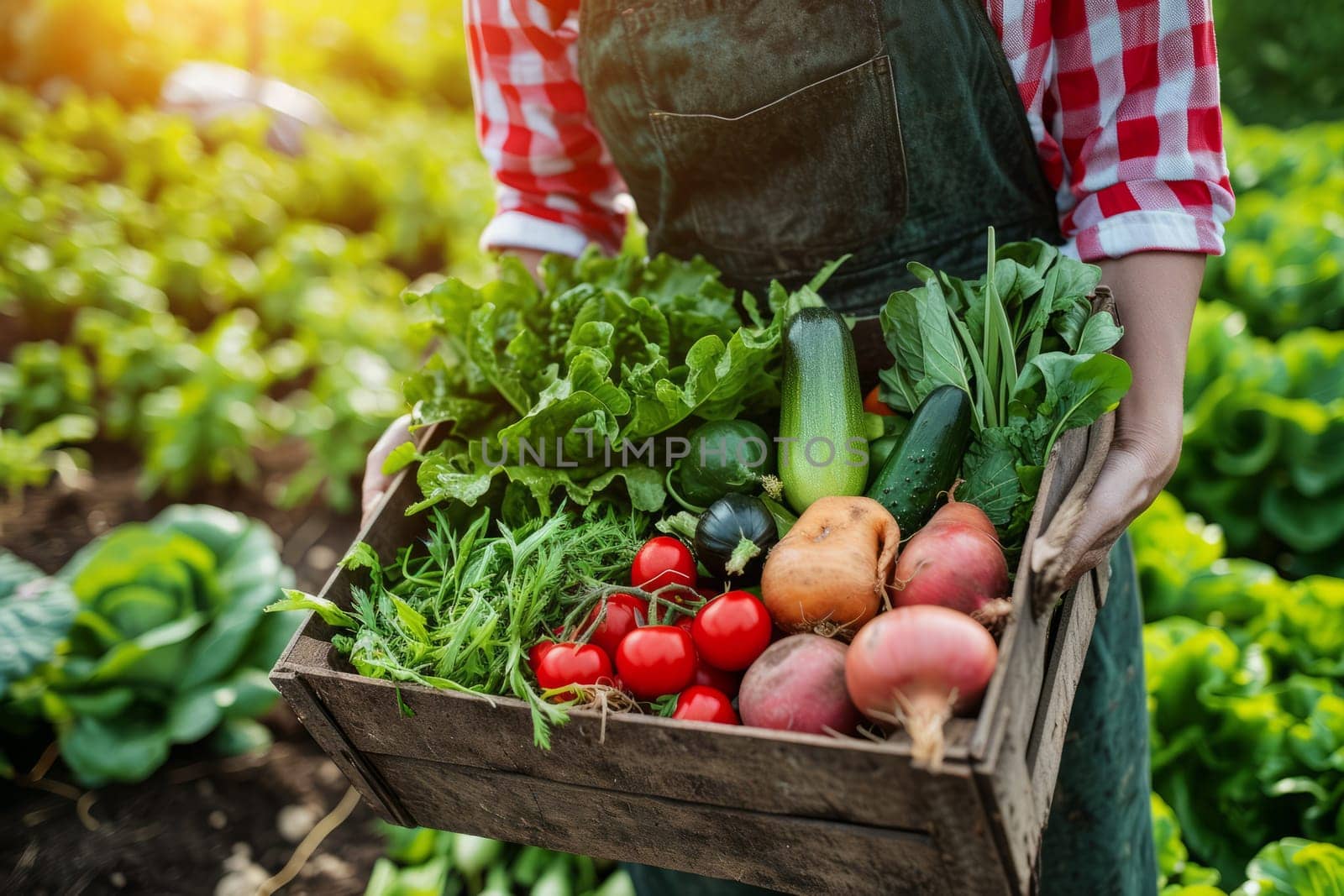 Farmer holding a box with all kinds of fresh vegetables by rusak