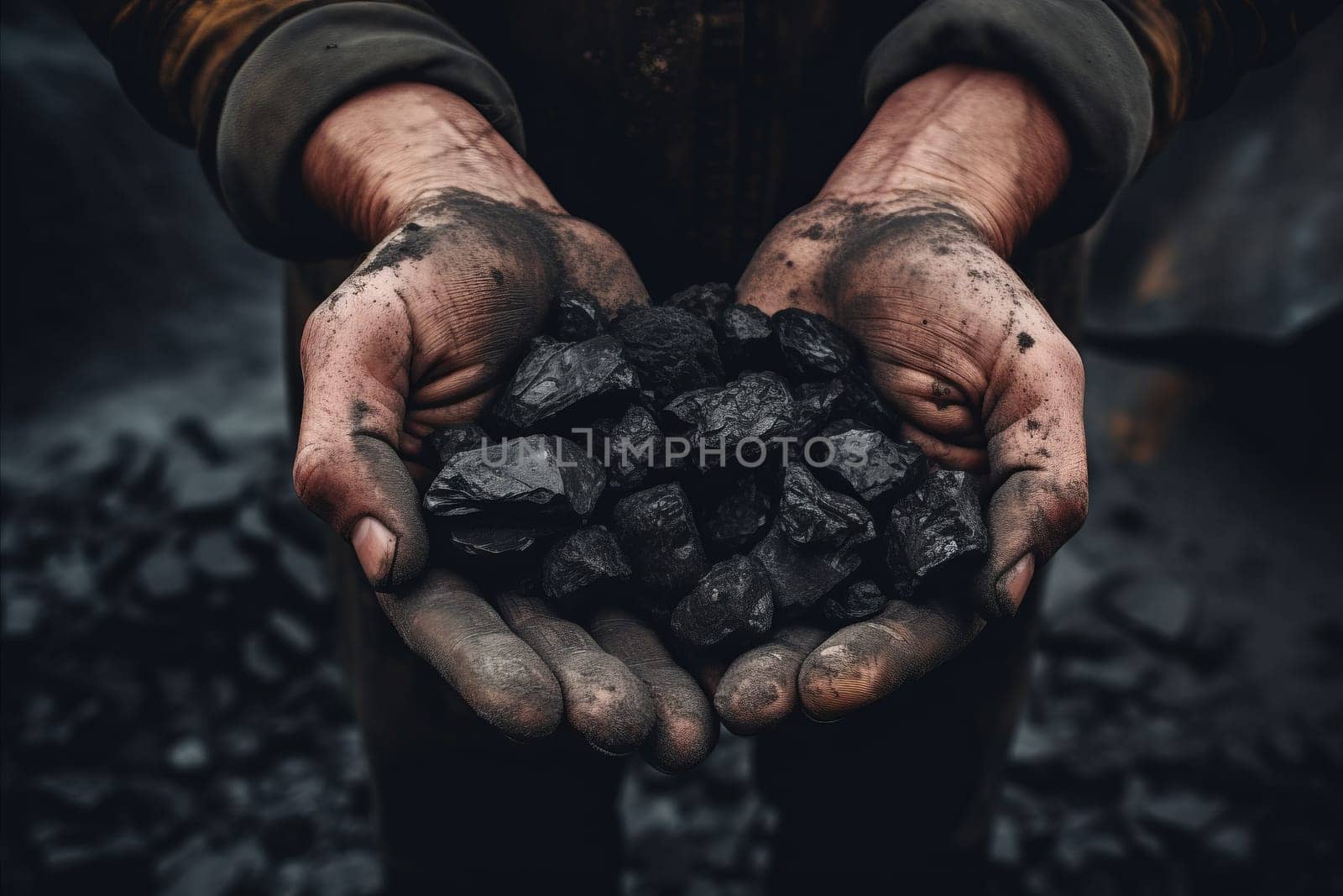 Closeup photo of Miner's hands holding black coal, view from above