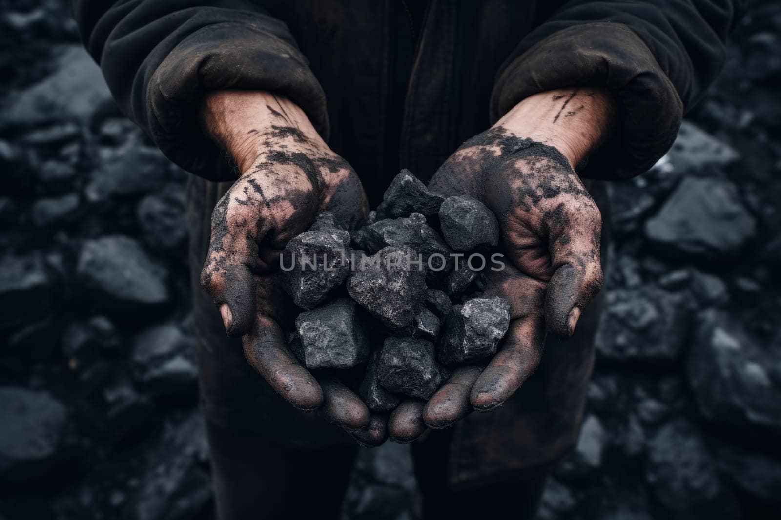 Closeup photo of Miner's hands holding black coal, view from above